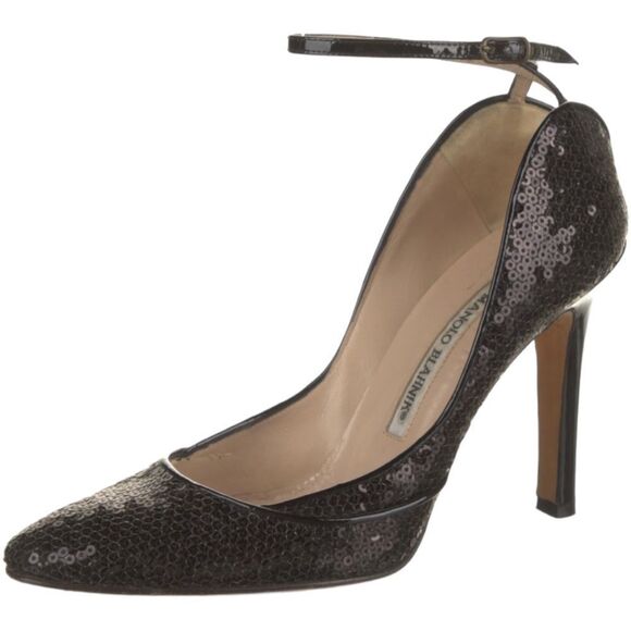MANOLO BLAHNIK Black Sequins Ankle Wrap Heels 37